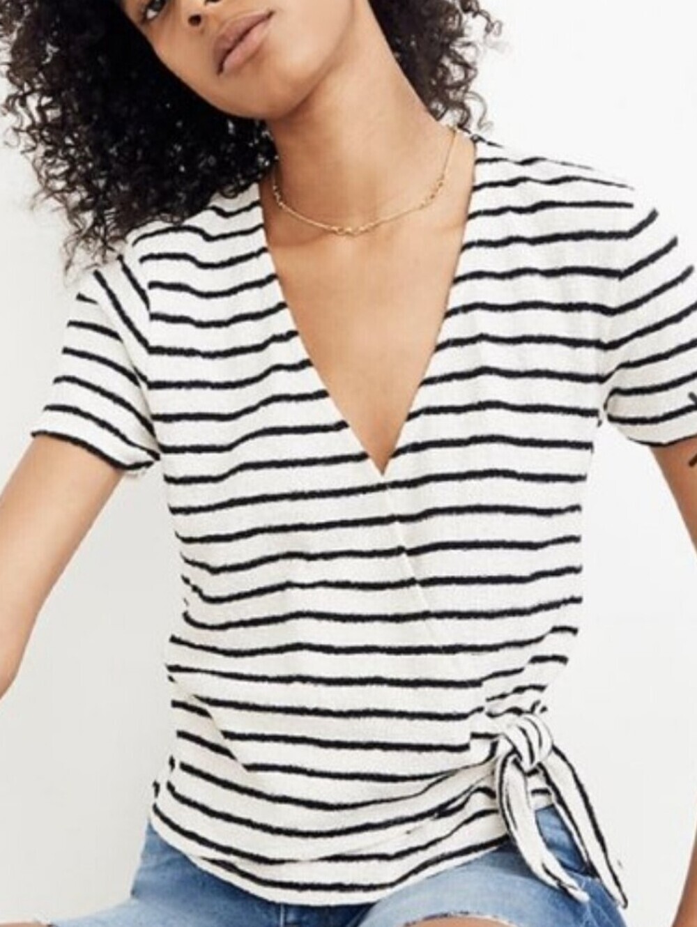 Madewell Black and White Striped Wrap Short Sleeve Top